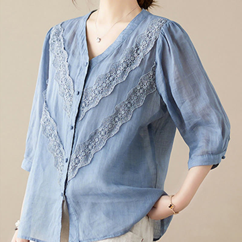 Nimara Ritual Summer Solid V-Neck Lace-trimmed Women's Elbow-Length Sleeve Shirts