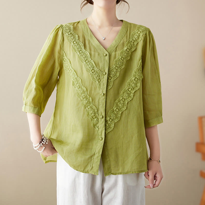 Nimara Ritual Summer Solid V-Neck Lace-trimmed Women's Elbow-Length Sleeve Shirts