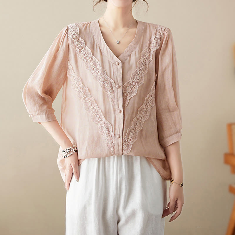 Nimara Ritual Summer Solid V-Neck Lace-trimmed Women's Elbow-Length Sleeve Shirts