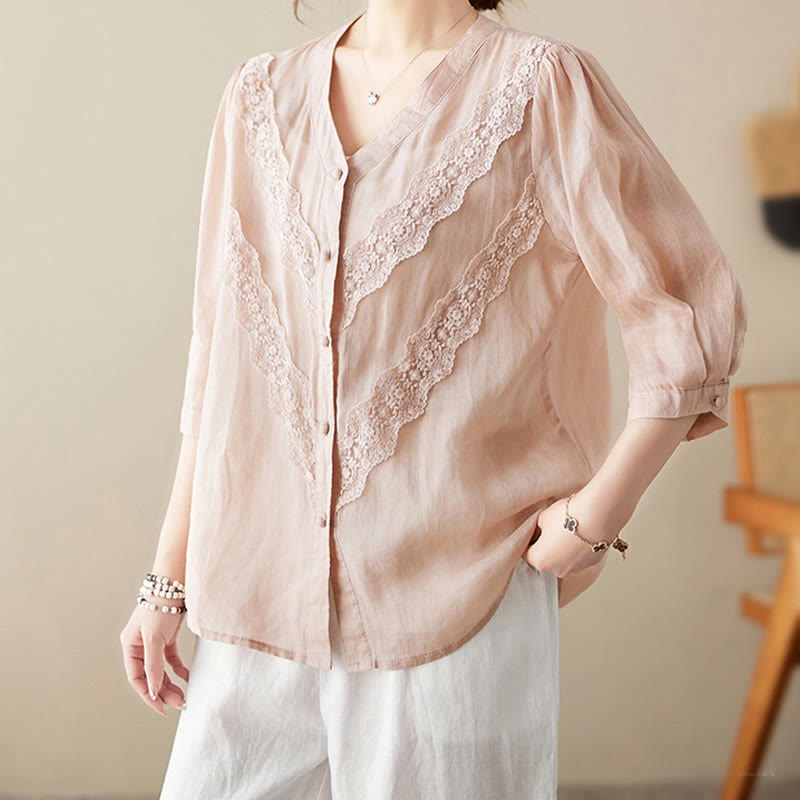 Nimara Ritual Summer Solid V-Neck Lace-trimmed Women's Elbow-Length Sleeve Shirts