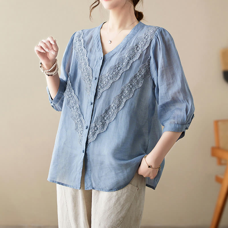 Nimara Ritual Summer Solid V-Neck Lace-trimmed Women's Elbow-Length Sleeve Shirts