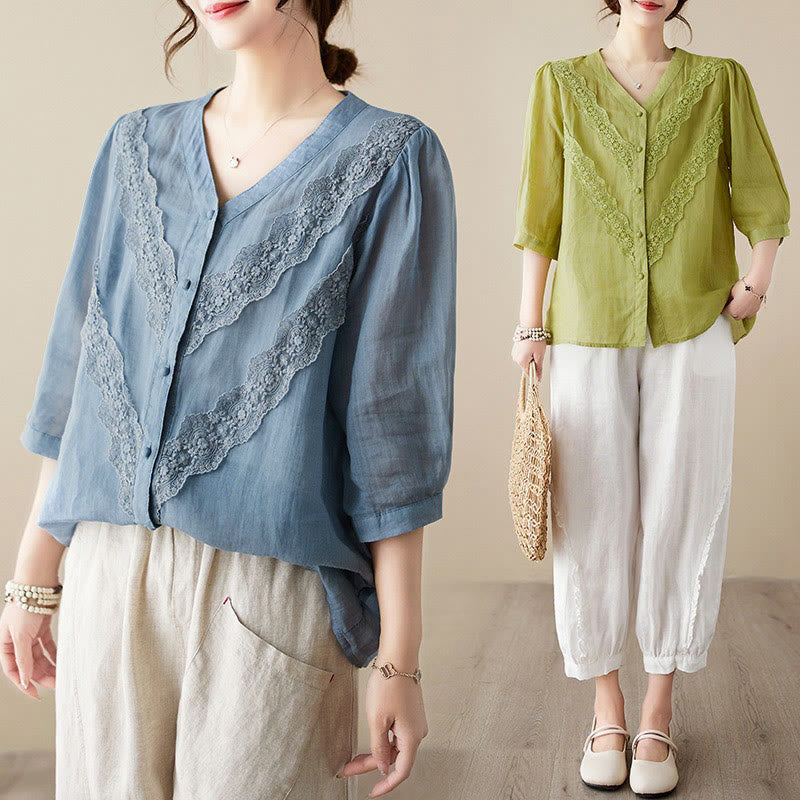 Nimara Ritual Summer Solid V-Neck Lace-trimmed Women's Elbow-Length Sleeve Shirts