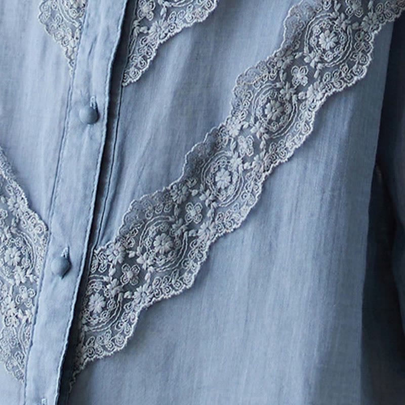 Nimara Ritual Summer Solid V-Neck Lace-trimmed Women's Elbow-Length Sleeve Shirts