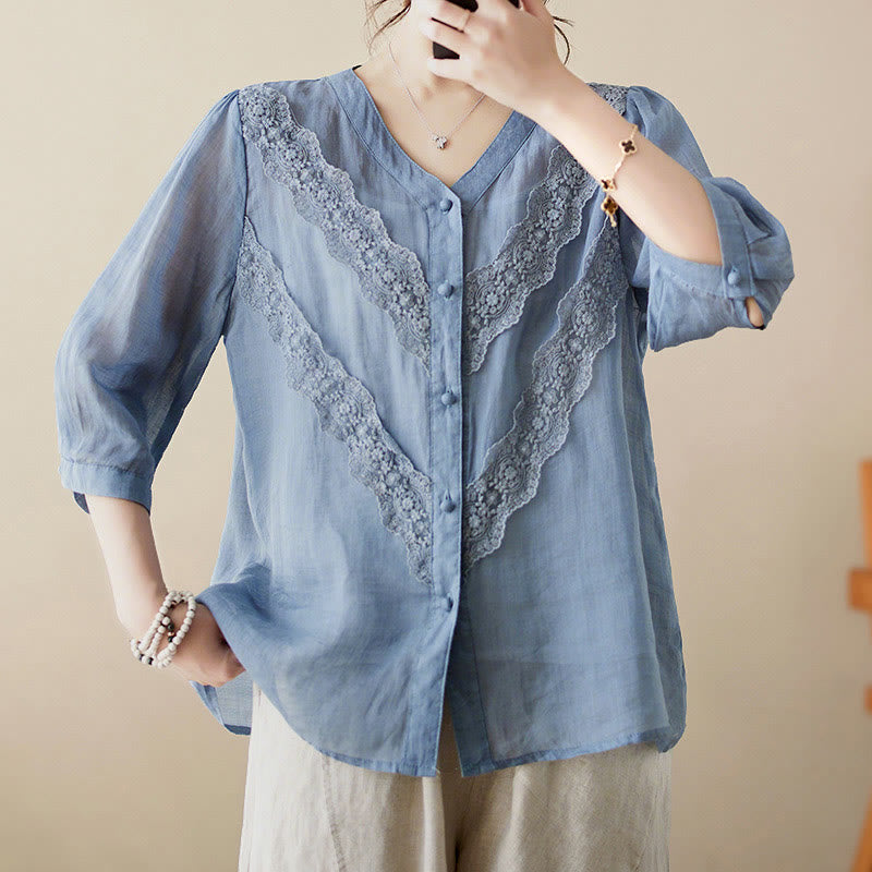 Nimara Ritual Summer Solid V-Neck Lace-trimmed Women's Elbow-Length Sleeve Shirts