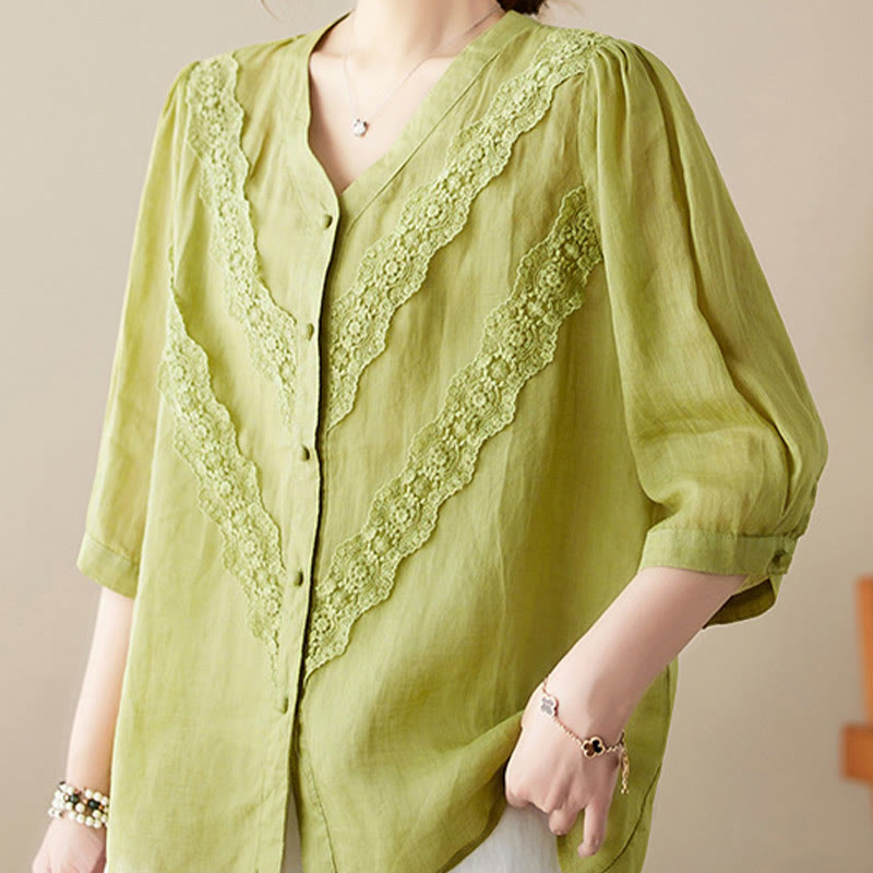 Nimara Ritual Summer Solid V-Neck Lace-trimmed Women's Elbow-Length Sleeve Shirts