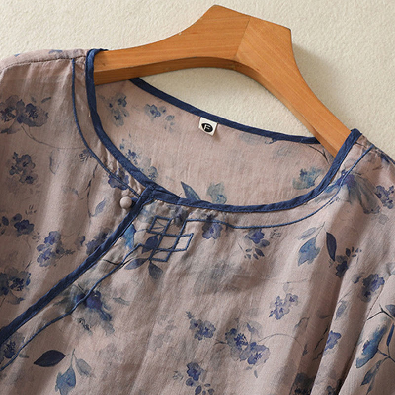 Nimara Ritual Summer Frog Button Floral Crew Neck Women's Elbow-Length Sleeve Shirts