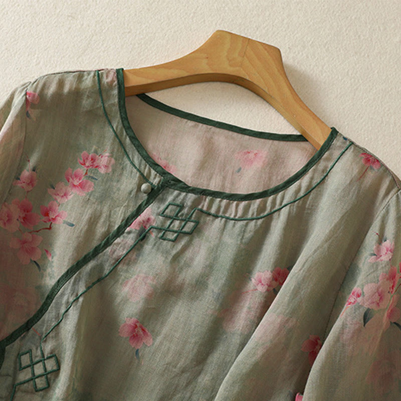 Nimara Ritual Summer Frog Button Floral Crew Neck Women's Elbow-Length Sleeve Shirts