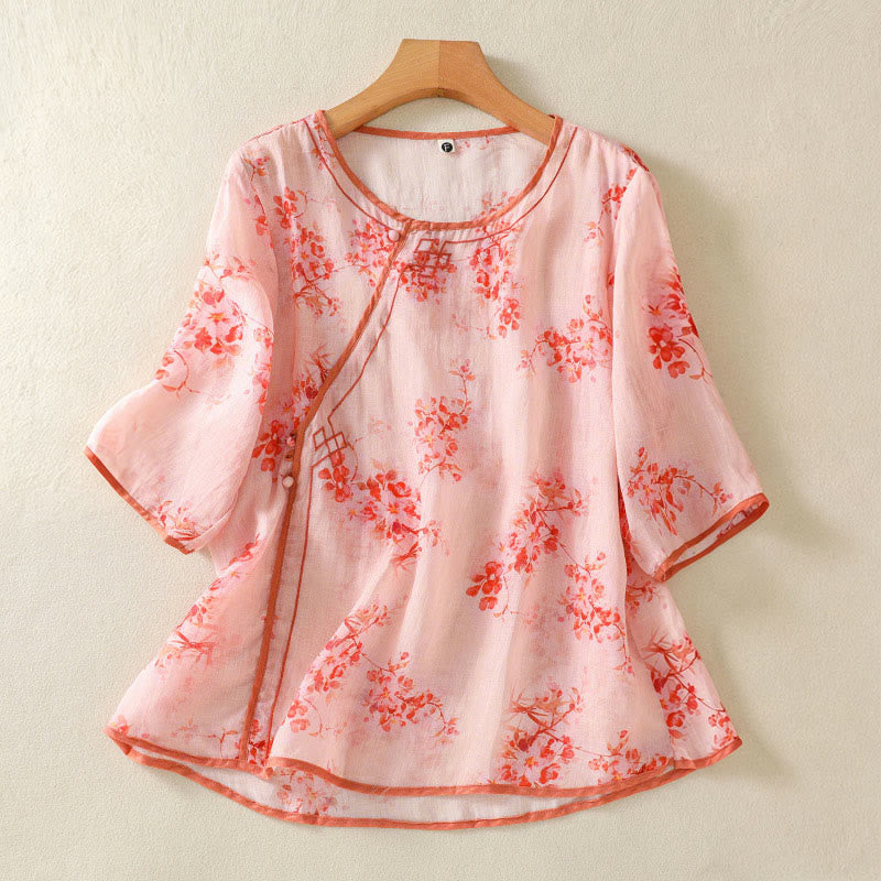 Nimara Ritual Summer Frog Button Floral Crew Neck Women's Elbow-Length Sleeve Shirts