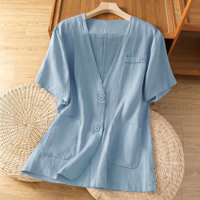 Nimara Ritual Summer Casual Button-Up Solid V-Neck Women's Short Sleeve Shirts With Pockets