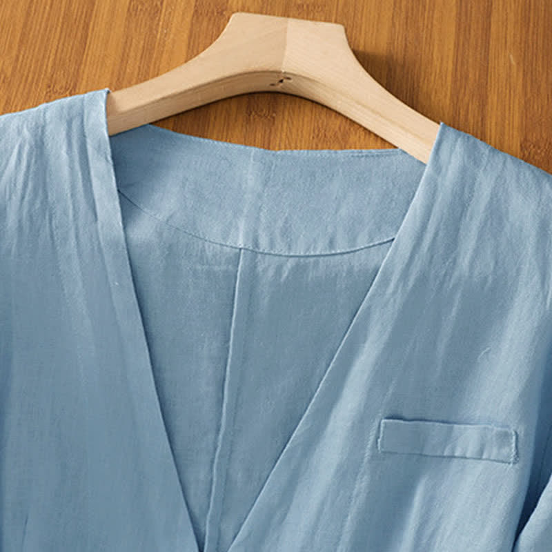 Nimara Ritual Summer Casual Button-Up Solid V-Neck Women's Short Sleeve Shirts With Pockets