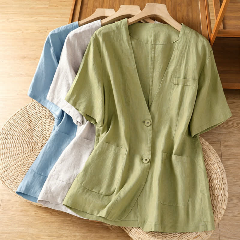 Nimara Ritual Summer Casual Button-Up Solid V-Neck Women's Short Sleeve Shirts With Pockets