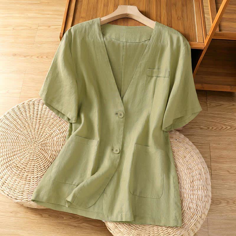 Nimara Ritual Summer Casual Button-Up Solid V-Neck Women's Short Sleeve Shirts With Pockets