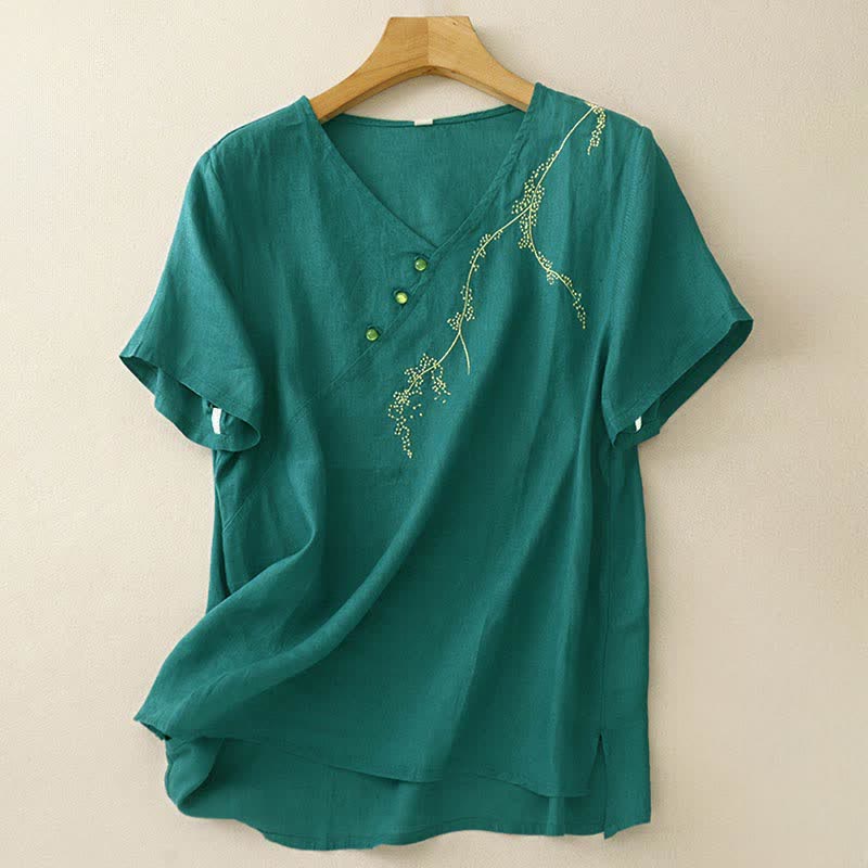 Nimara Ritual Summer Vintage Solid Embroidery Decorative Buttons Women's Short Sleeve Shirts