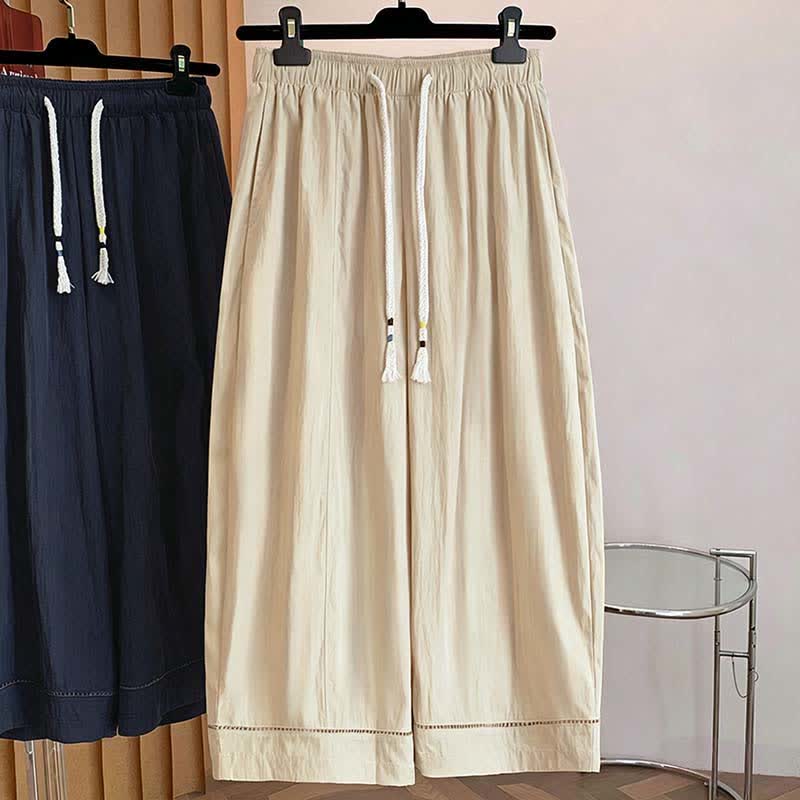 Nimara Ritual Spring Summer Casual Drawstring Solid Cropped Women's Wide Leg Pants With Pockets