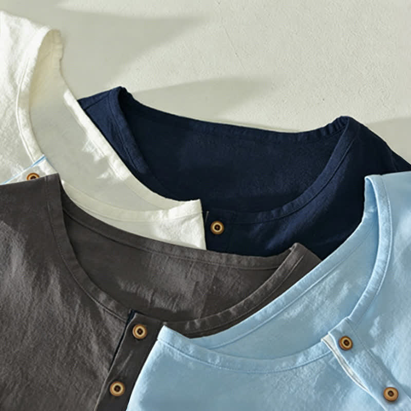Nimara Ritual Summer Casual Minimalist Two Buttons Solid Cotton Linen Men's Short Sleeve Shirts