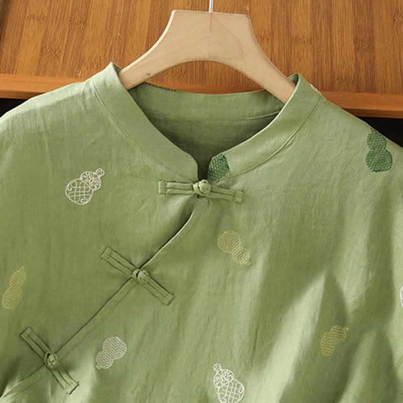 Nimara Ritual Summer Tang Style Mandarin Collar Frog Button Gourd Embroidery Women's Short Sleeve Shirts