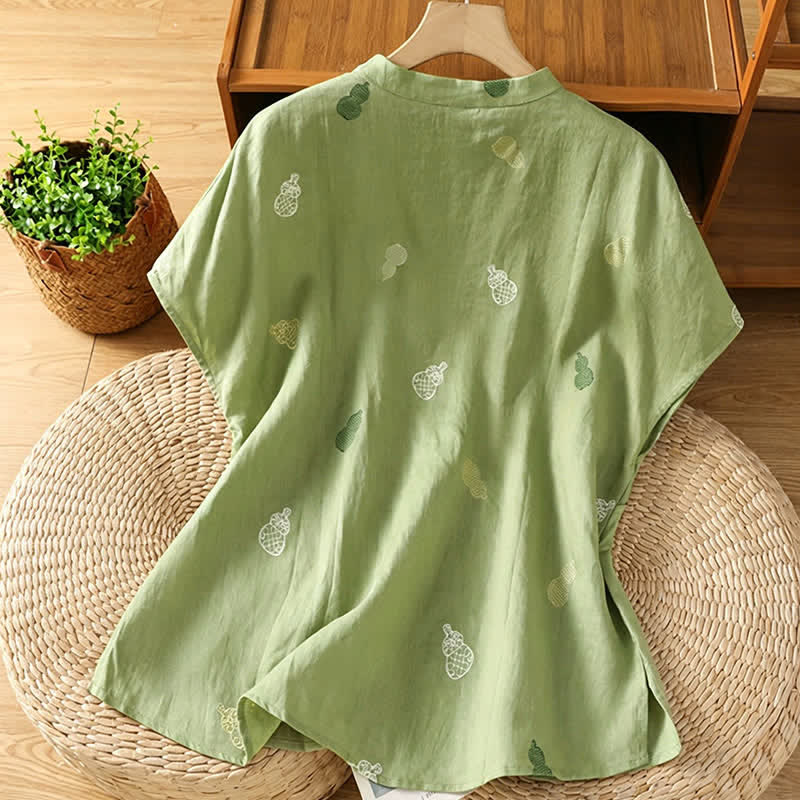 Nimara Ritual Summer Tang Style Mandarin Collar Frog Button Gourd Embroidery Women's Short Sleeve Shirts