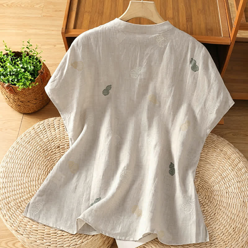 Nimara Ritual Summer Tang Style Mandarin Collar Frog Button Gourd Embroidery Women's Short Sleeve Shirts