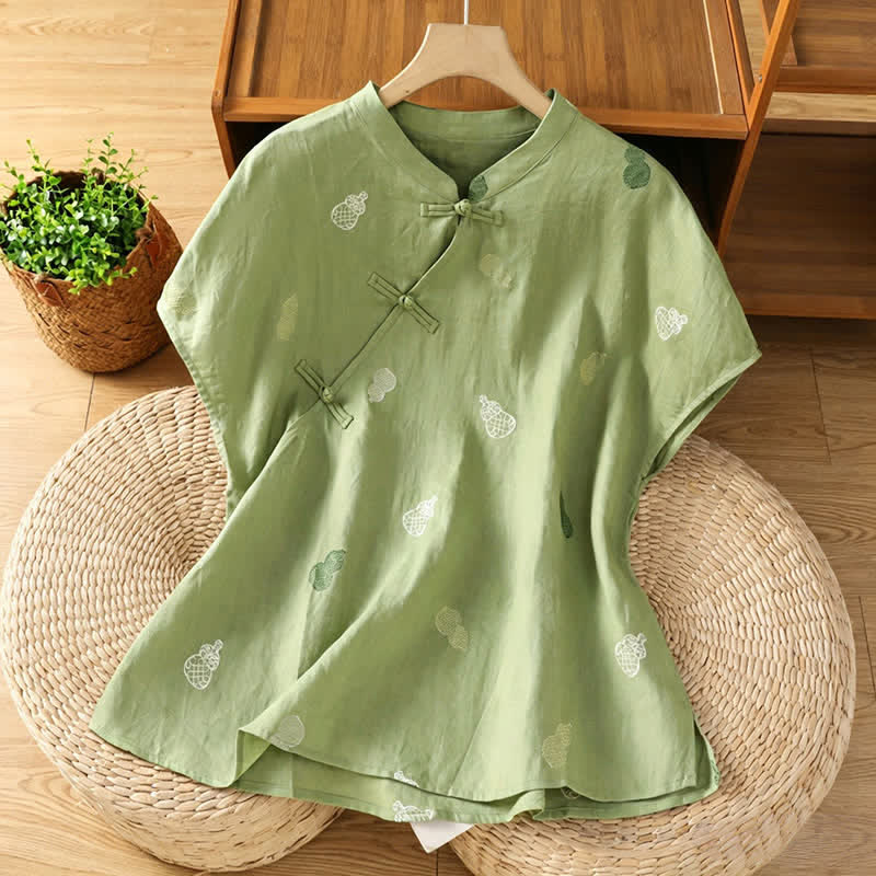 Nimara Ritual Summer Tang Style Mandarin Collar Frog Button Gourd Embroidery Women's Short Sleeve Shirts