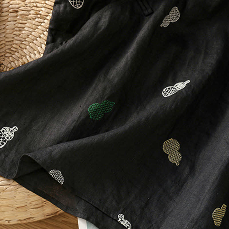 Nimara Ritual Summer Tang Style Mandarin Collar Frog Button Gourd Embroidery Women's Short Sleeve Shirts