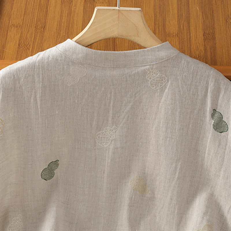 Nimara Ritual Summer Tang Style Mandarin Collar Frog Button Gourd Embroidery Women's Short Sleeve Shirts