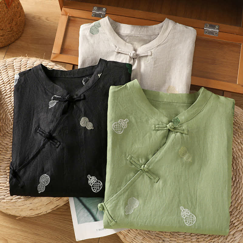 Nimara Ritual Summer Tang Style Mandarin Collar Frog Button Gourd Embroidery Women's Short Sleeve Shirts