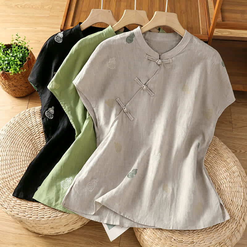 Nimara Ritual Summer Tang Style Mandarin Collar Frog Button Gourd Embroidery Women's Short Sleeve Shirts