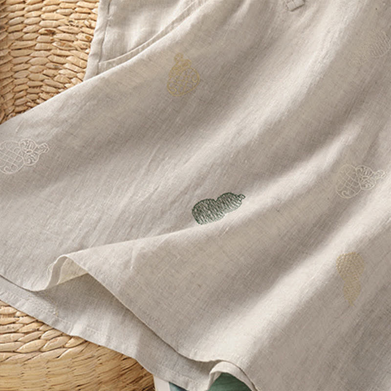Nimara Ritual Summer Tang Style Mandarin Collar Frog Button Gourd Embroidery Women's Short Sleeve Shirts