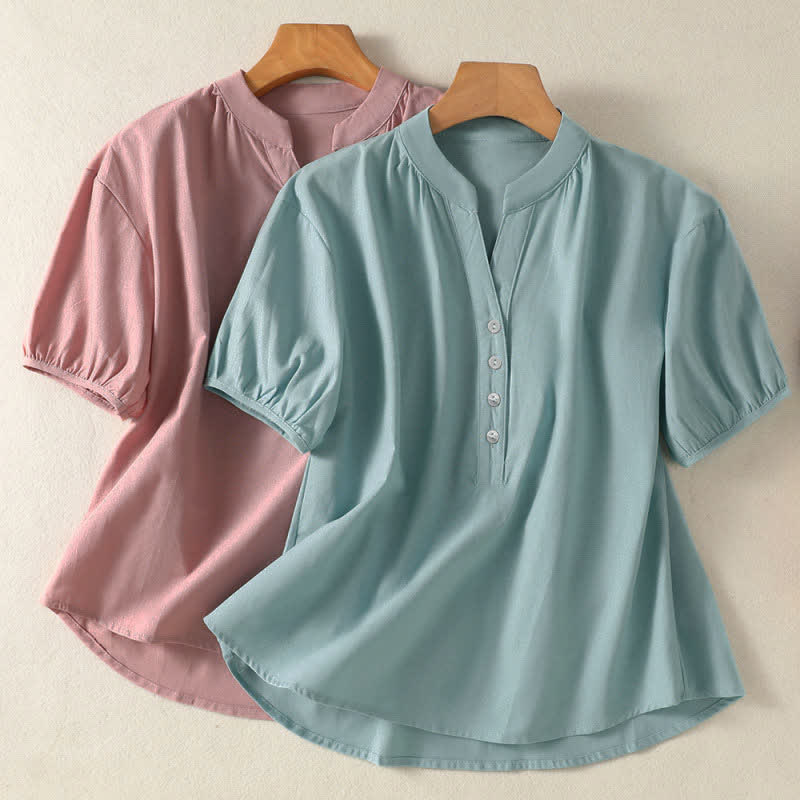 Nimara Ritual Summer Casual Mandarin Collar Half Button Solid Puff Sleeve Women's Short Sleeve Shirts