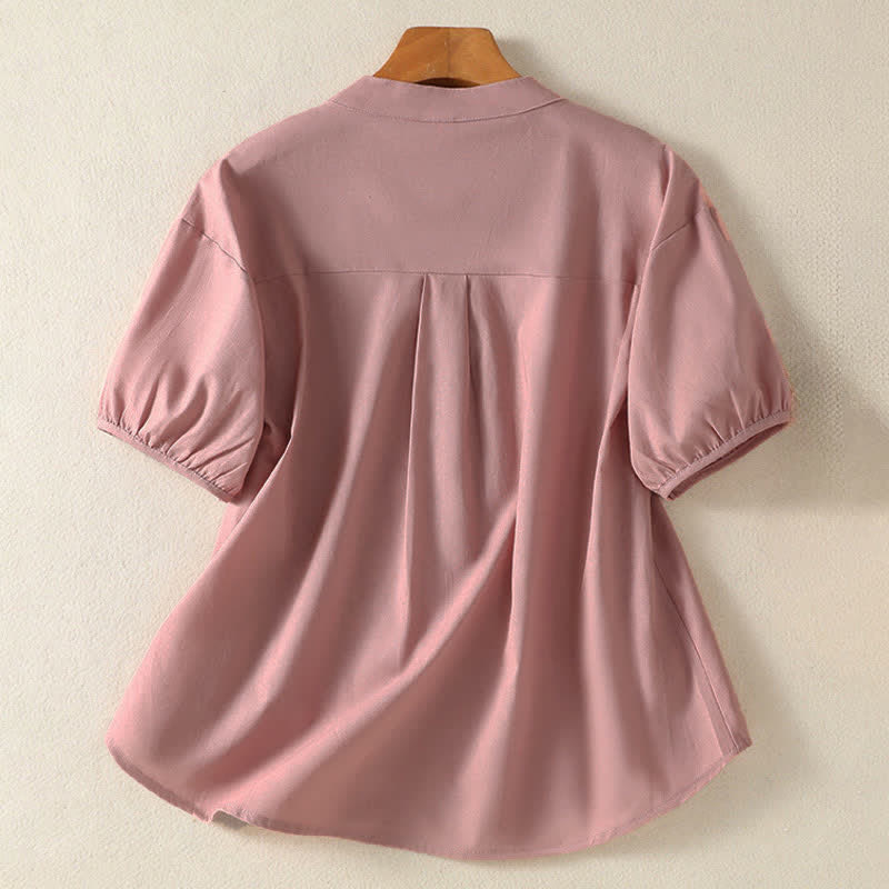 Nimara Ritual Summer Casual Mandarin Collar Half Button Solid Puff Sleeve Women's Short Sleeve Shirts