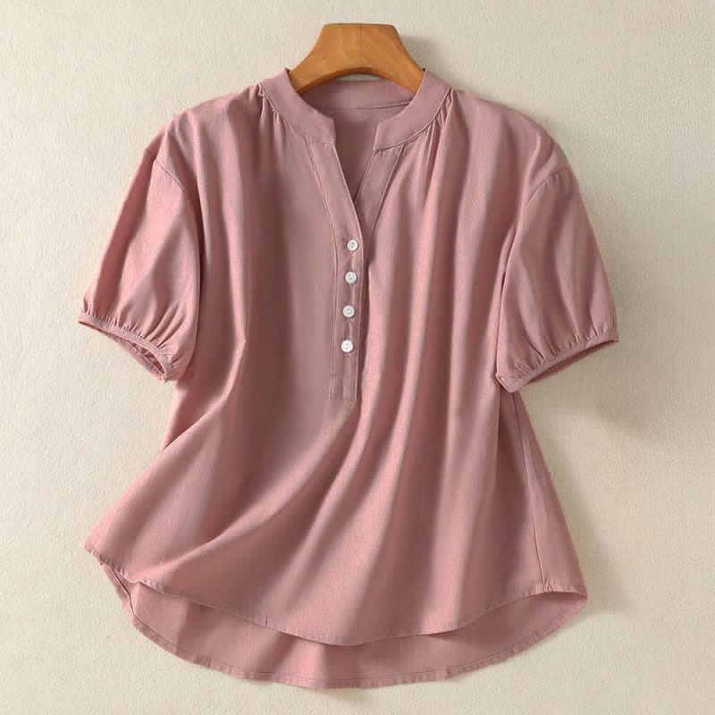 Nimara Ritual Summer Casual Mandarin Collar Half Button Solid Puff Sleeve Women's Short Sleeve Shirts