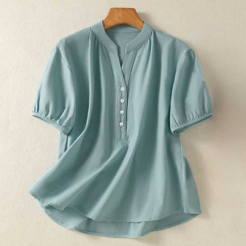 Nimara Ritual Summer Casual Mandarin Collar Half Button Solid Puff Sleeve Women's Short Sleeve Shirts