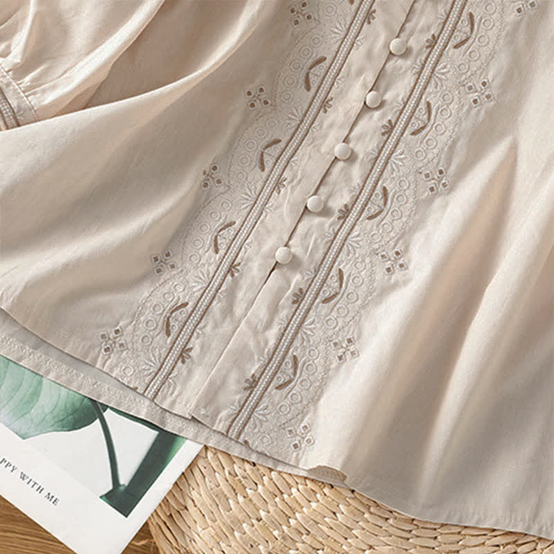Nimara Ritual Summer Vintage Geometric Embroidery Button-Up Solid Women's Short Sleeve Shirts