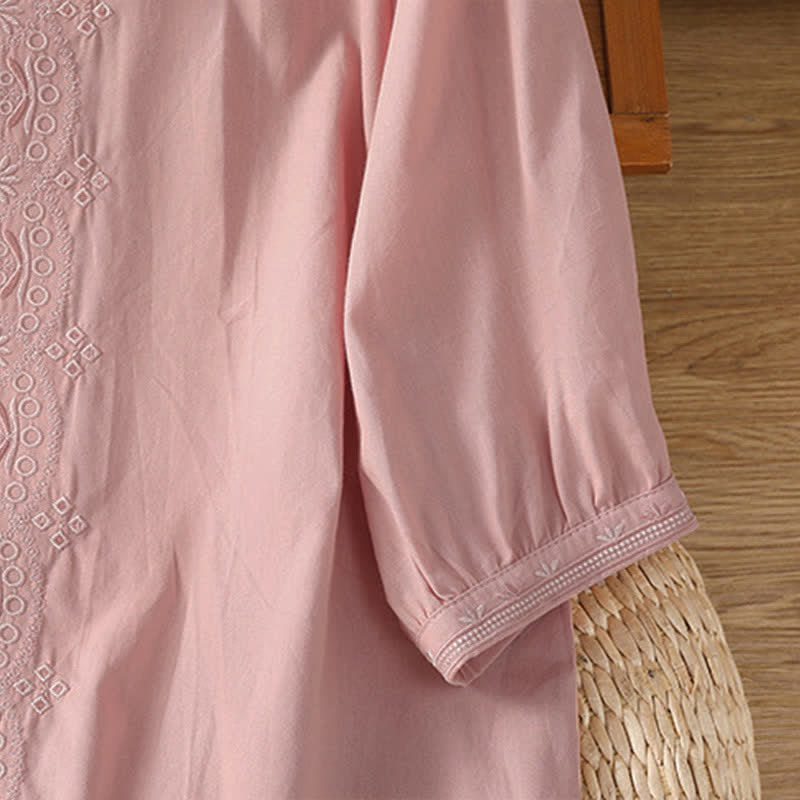 Nimara Ritual Summer Vintage Geometric Embroidery Button-Up Solid Women's Short Sleeve Shirts