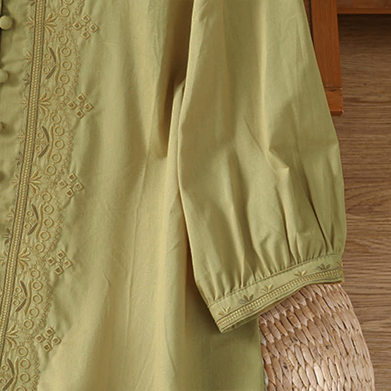 Nimara Ritual Summer Vintage Geometric Embroidery Button-Up Solid Women's Short Sleeve Shirts