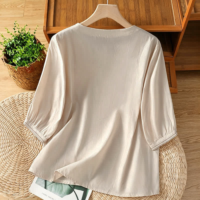 Nimara Ritual Summer Vintage Geometric Embroidery Button-Up Solid Women's Short Sleeve Shirts