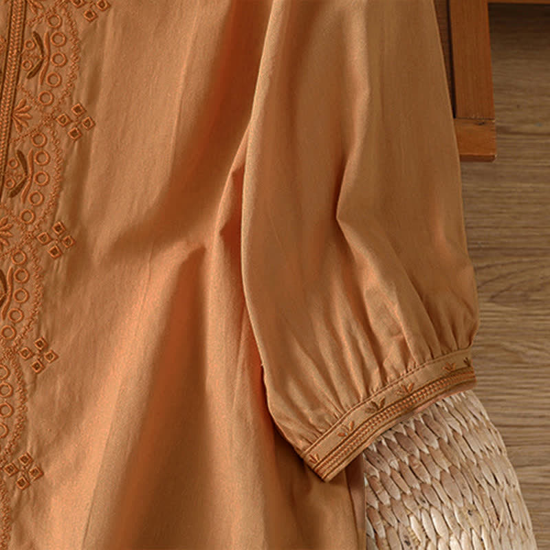 Nimara Ritual Summer Vintage Geometric Embroidery Button-Up Solid Women's Short Sleeve Shirts