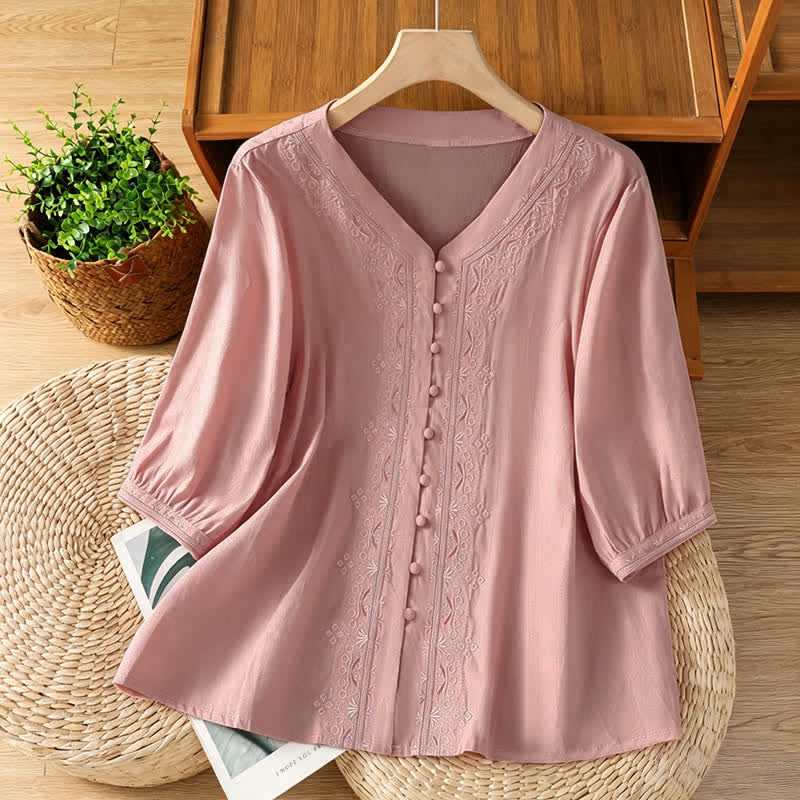Nimara Ritual Summer Vintage Geometric Embroidery Button-Up Solid Women's Short Sleeve Shirts