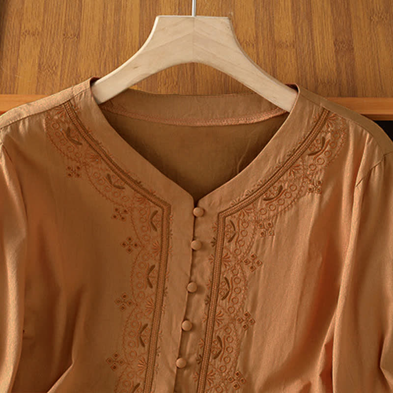 Nimara Ritual Summer Vintage Geometric Embroidery Button-Up Solid Women's Short Sleeve Shirts