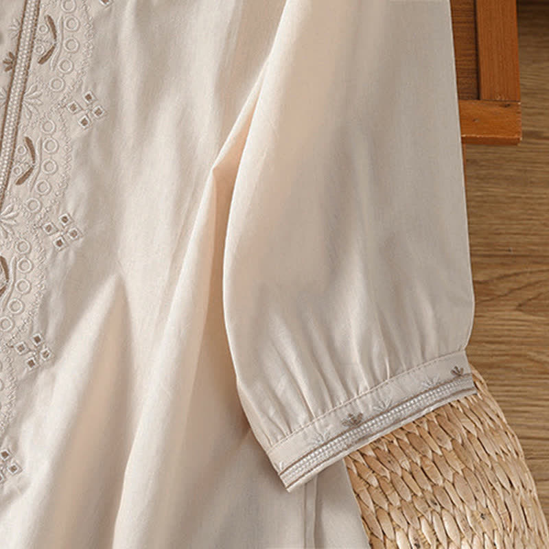 Nimara Ritual Summer Vintage Geometric Embroidery Button-Up Solid Women's Short Sleeve Shirts