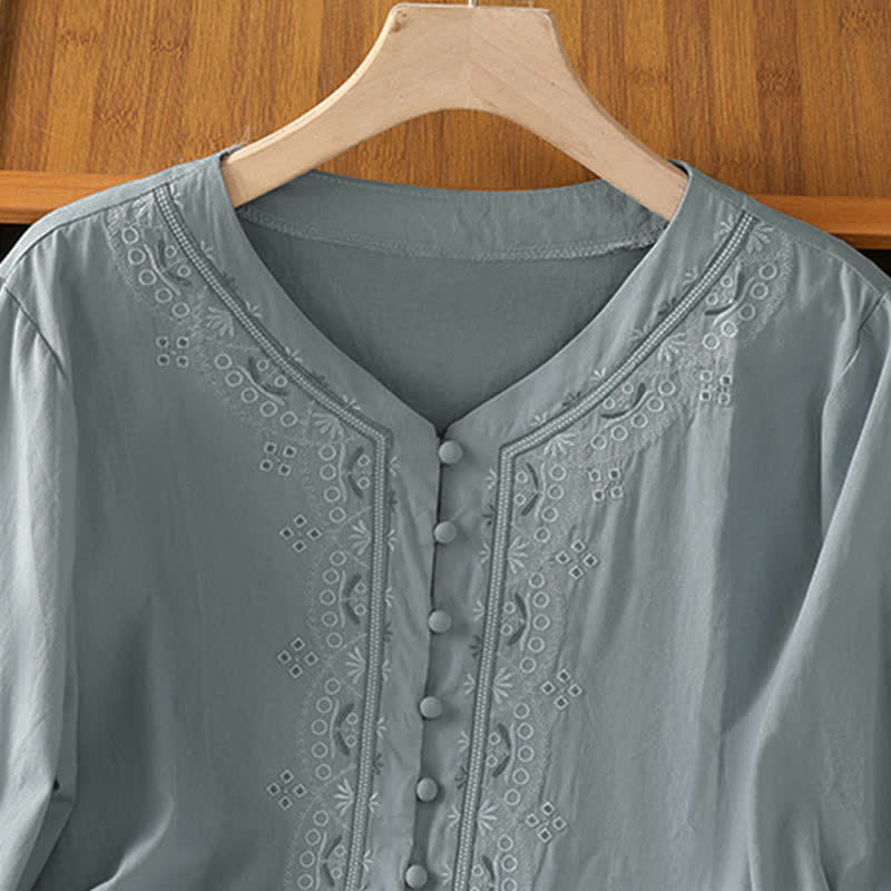 Nimara Ritual Summer Vintage Geometric Embroidery Button-Up Solid Women's Short Sleeve Shirts