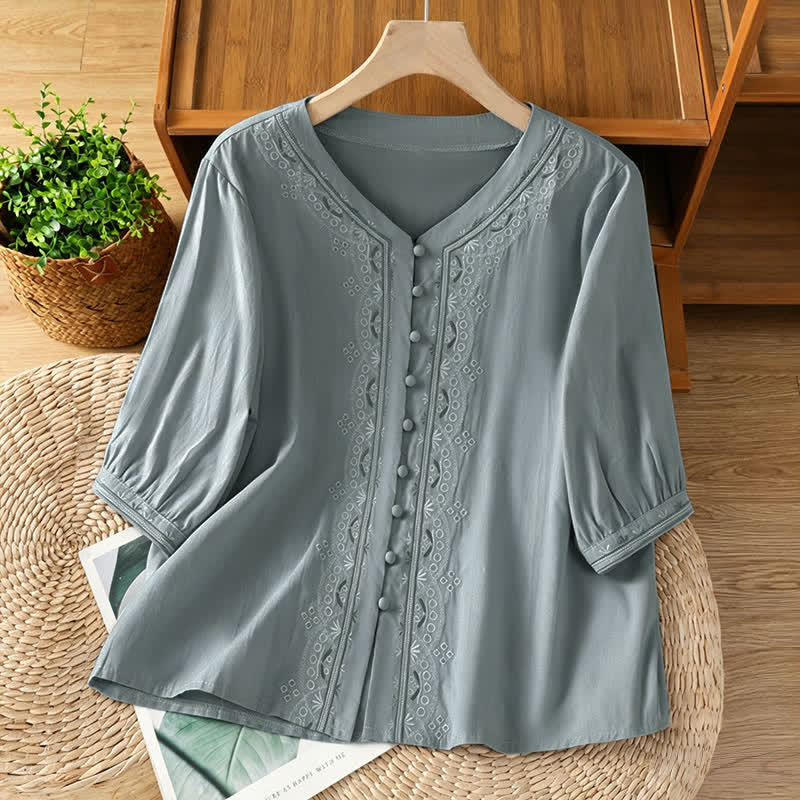 Nimara Ritual Summer Vintage Geometric Embroidery Button-Up Solid Women's Short Sleeve Shirts