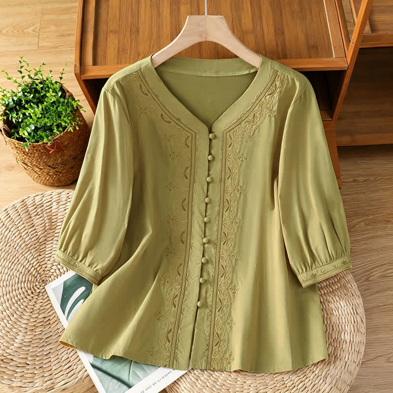 Nimara Ritual Summer Vintage Geometric Embroidery Button-Up Solid Women's Short Sleeve Shirts