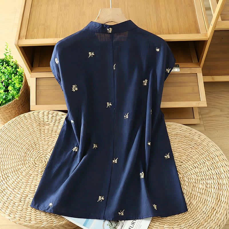 Nimara Ritual Summer Vintage Tang Style Mandarin Collar Embroidery Small Floral Tank Top Women's Sleeveless Shirts