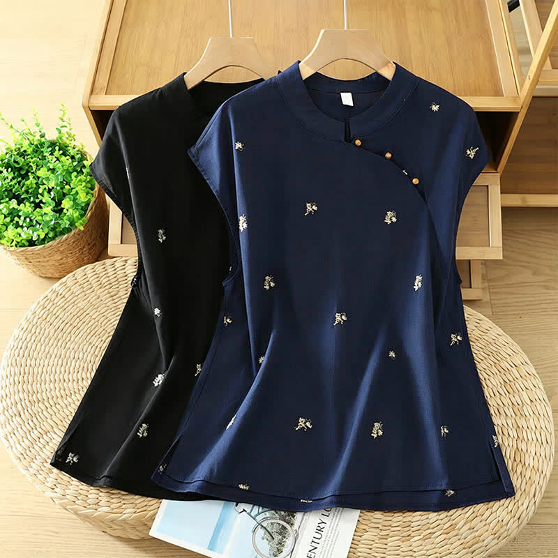 Nimara Ritual Summer Vintage Tang Style Mandarin Collar Embroidery Small Floral Tank Top Women's Sleeveless Shirts