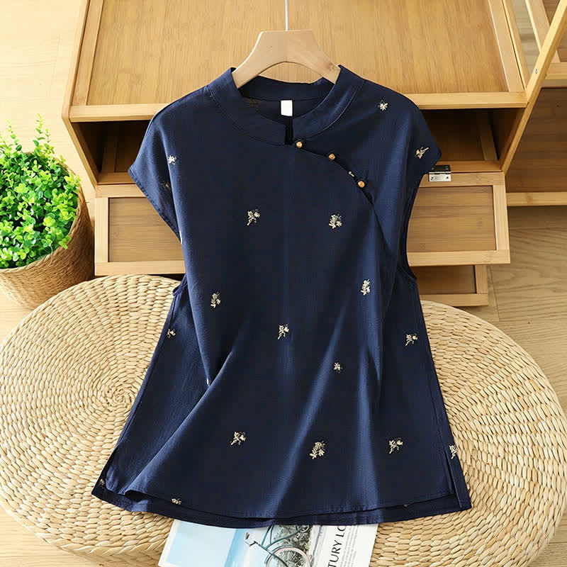 Nimara Ritual Summer Vintage Tang Style Mandarin Collar Embroidery Small Floral Tank Top Women's Sleeveless Shirts