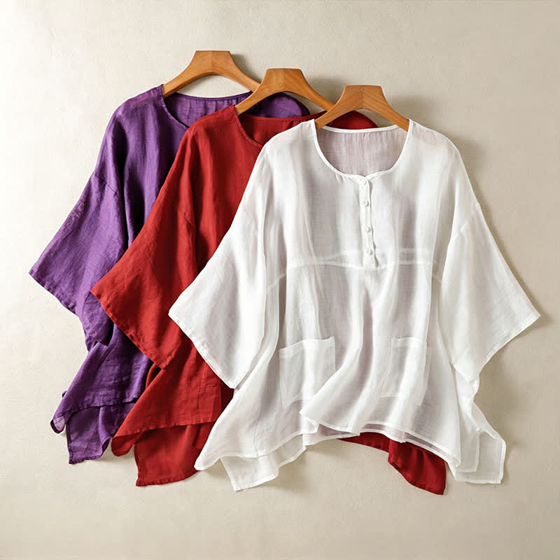 Nimara Ritual Summer Casual Boho Patch Pocket Half Button Solid Bell Sleeve Women's Short Sleeve Shirts