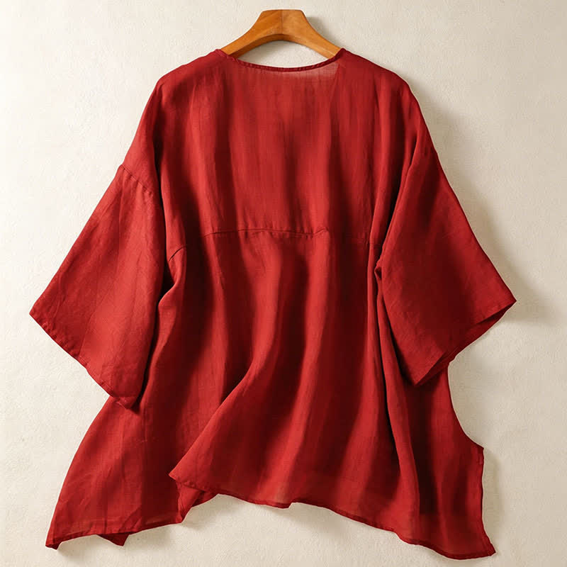 Nimara Ritual Summer Casual Boho Patch Pocket Half Button Solid Bell Sleeve Women's Short Sleeve Shirts