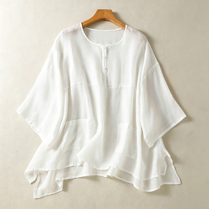 Nimara Ritual Summer Casual Boho Patch Pocket Half Button Solid Bell Sleeve Women's Short Sleeve Shirts