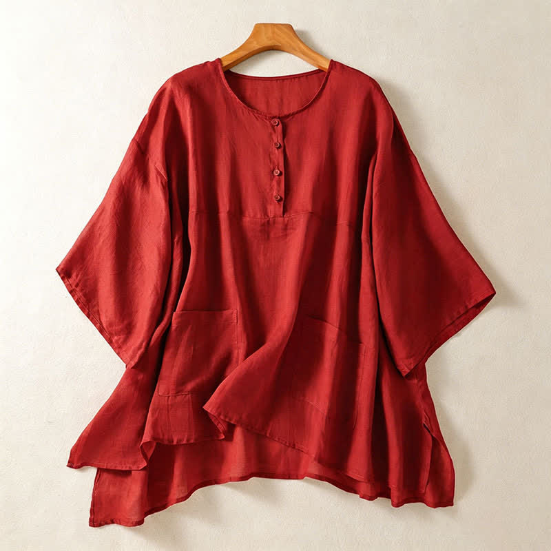 Nimara Ritual Summer Casual Boho Patch Pocket Half Button Solid Bell Sleeve Women's Short Sleeve Shirts